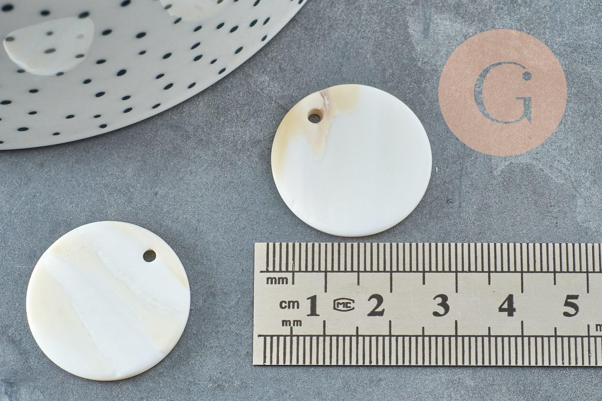 Pendentif rond nacre blanche naturelle 25mm, pendentif coquillage blanc naturel, x10 (G2175)