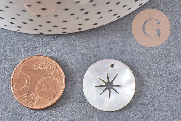 Pendentif rond nacre étoile, pendentif coquillage, coquillage beige,coquillage naturel,création bijoux,20mm, étoile,lot 5-G2179
