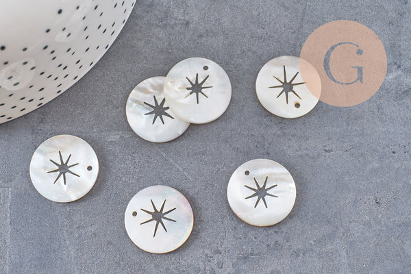 Pendentif rond nacre étoile, pendentif coquillage, coquillage beige,coquillage naturel,création bijoux,20mm, étoile,lot 5-G2179