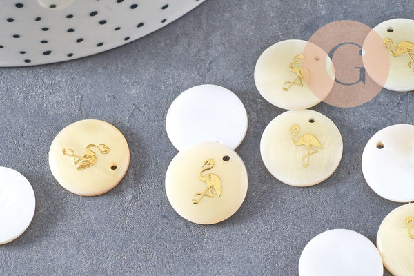 Pendentif rond nacre flamand rose, pendentif éléphant,coquillage blanc,coquillage naturel,création bijoux,16mm,1 trou x10 (G0481)