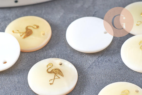 Pendentif rond nacre flamand rose, pendentif éléphant,coquillage blanc,coquillage naturel,création bijoux,16mm,1 trou x10 (G0481)