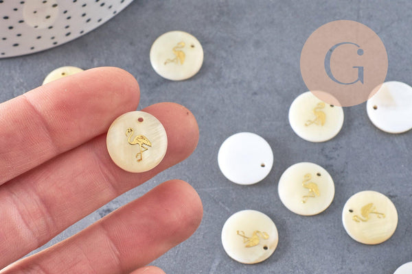 Pendentif rond nacre flamand rose, pendentif éléphant,coquillage blanc,coquillage naturel,création bijoux,16mm,1 trou x10 (G0481)