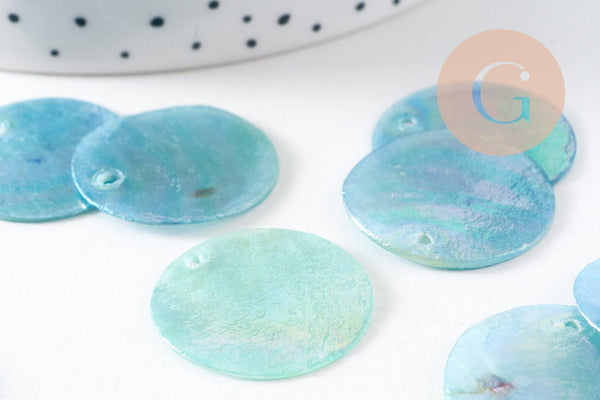 Pendentif rond nacre naturelle bleu irisé 25mm, x10 (G3969)