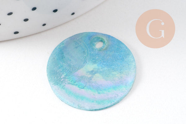 Pendentif rond nacre naturelle bleu irisé 25mm, x10 (G3969)