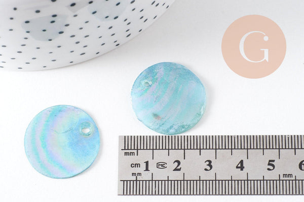Pendentif rond nacre naturelle bleu irisé 25mm, x10 (G3969)