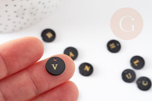 Pendentif rond nacre noire lettre, coquillage noir, pendentif initiale percé, 11mm, x1 (G0102)