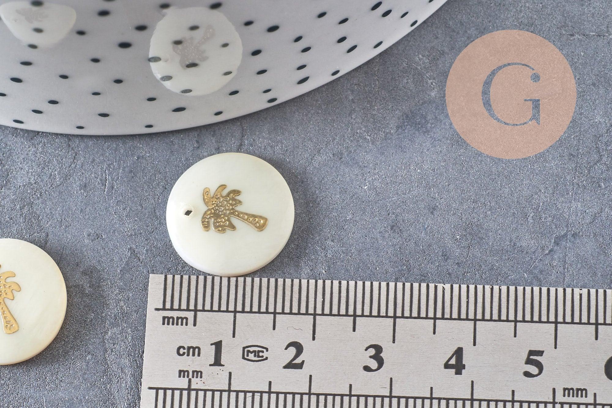 Pendentif rond nacre palmier, pendentif palmier,coquillage blanc naturel,16mm,1 trou, x 5 (G0833)