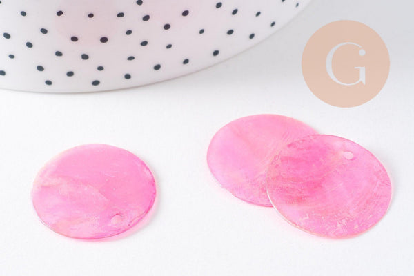 Pendentif rond nacre rose irisé 25mm, pendentif coquillage naturel rose , x10 (G3976)