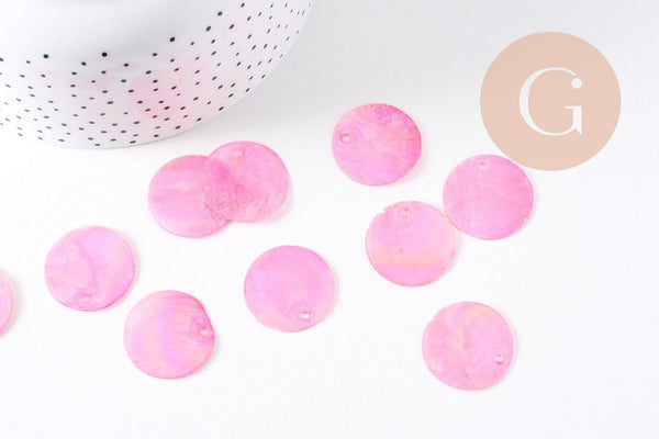 Pendentif rond nacre rose irisé 25mm, pendentif coquillage naturel rose , x10 (G3976)