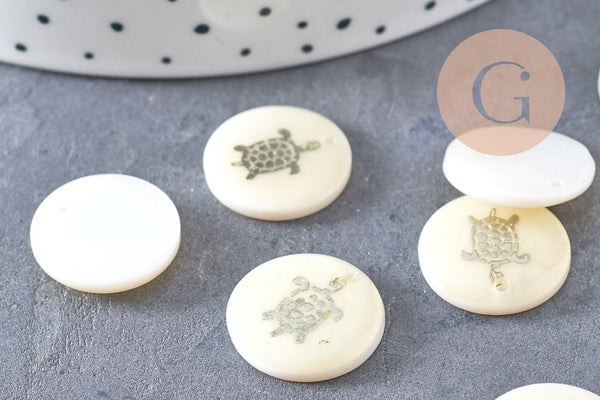 Pendentif rond nacre tortue, pendentif tortue,coquillage blanc naturel,16mm,1 trou x10 (G1068)