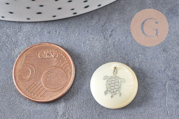 Pendentif rond nacre tortue, pendentif tortue,coquillage blanc naturel,16mm,1 trou x10 (G1068)