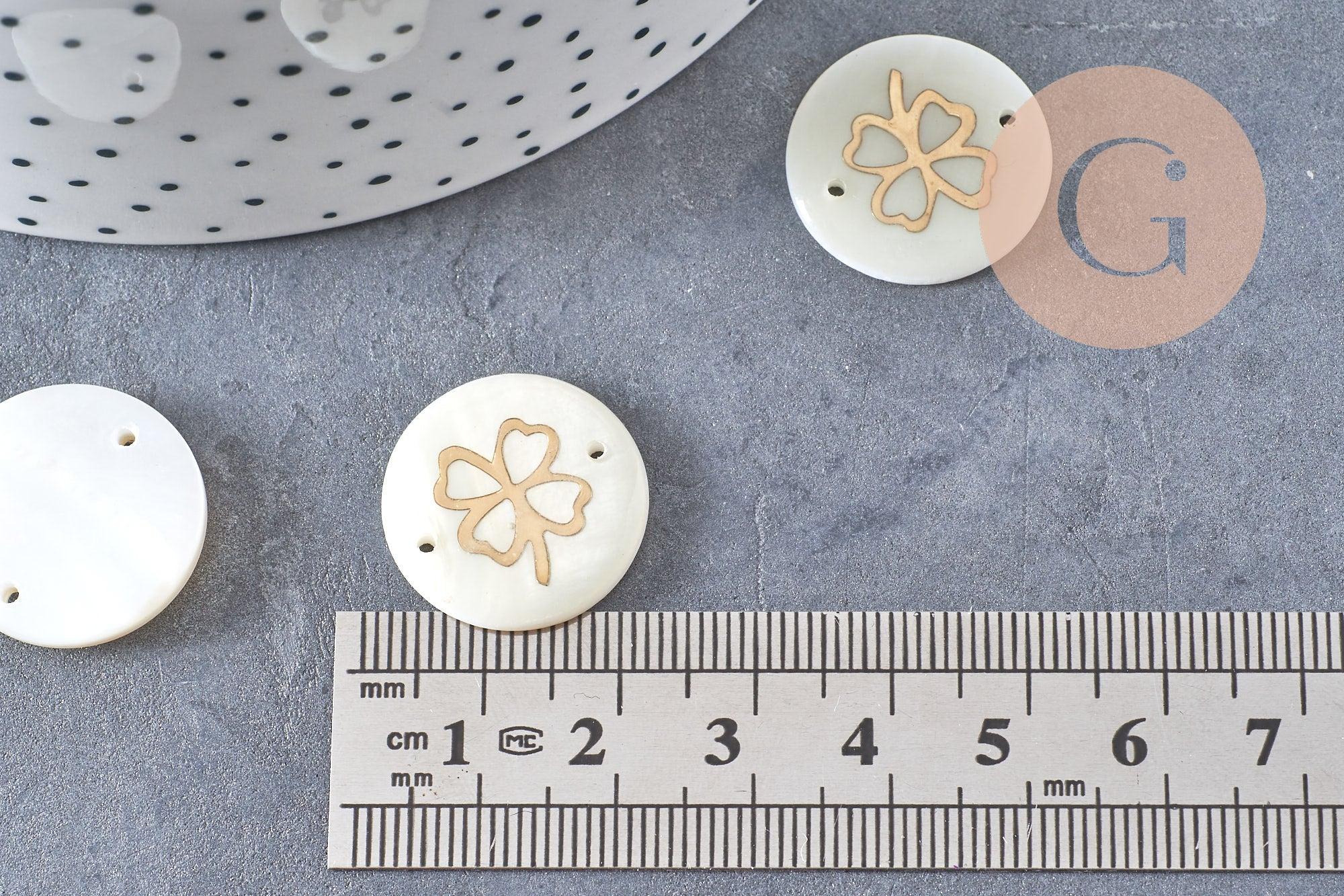 Pendentif rond nacre trèfle quatre feuilles 16mm, pendentif trèfle,coquillage blanc, coquillage naturel, x5 (G0915)
