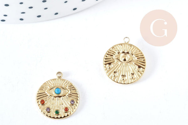 Pendentif rond oeil acier 304 inoxydable doré I¨P zircons multicolores 18mm, x1 (G8716)