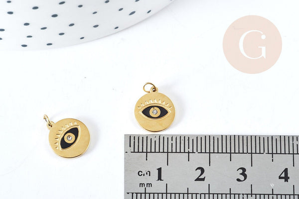Pendentif rond oeil acier doré 316 inoxydable émaillé 11.5mm, x1 (G8856)