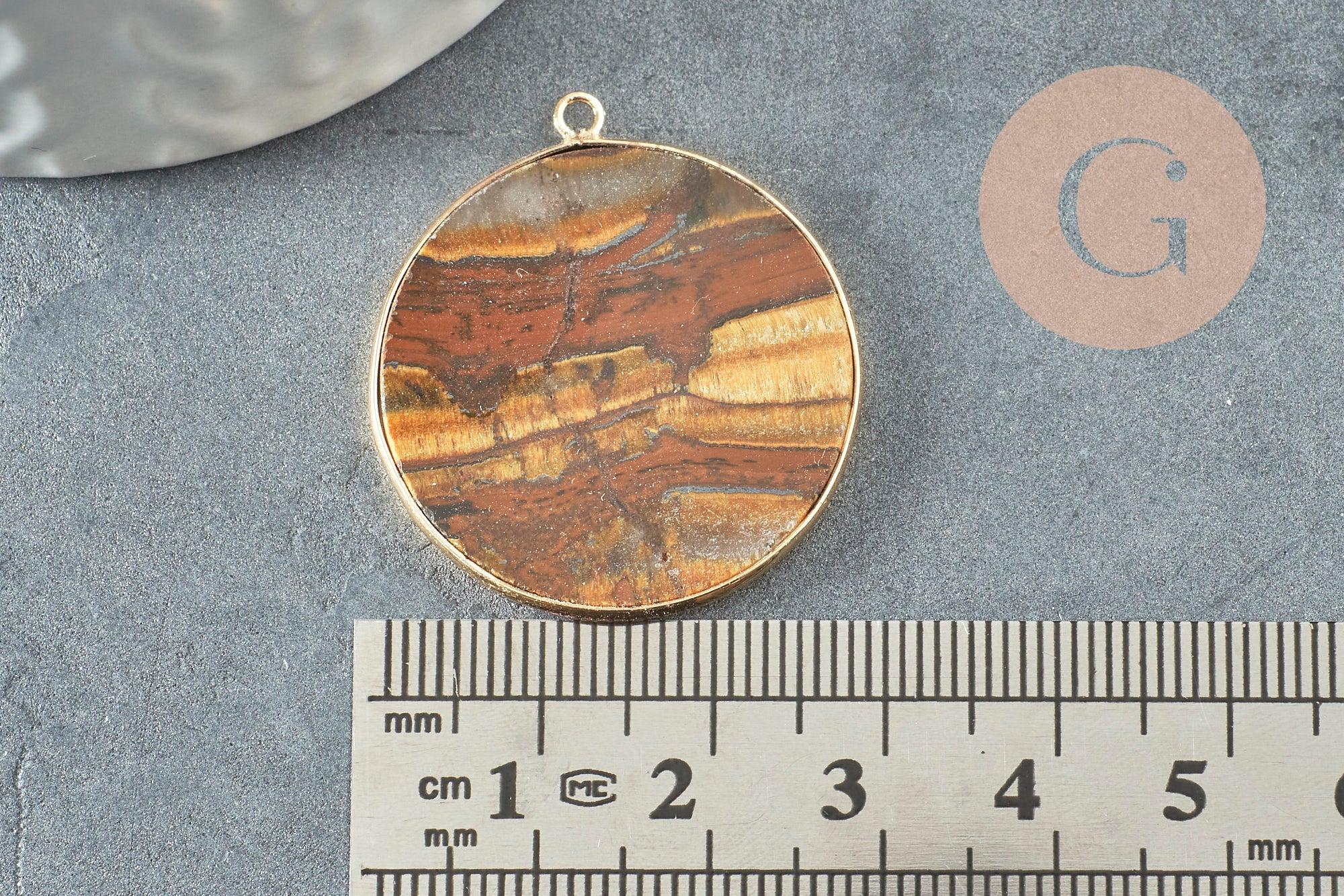 Pendentif rond oeil de tigre naturel laiton doré 32mm, x1 (G3082)