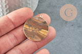 Pendentif rond oeil de tigre naturel laiton doré 32mm, x1 (G3082)