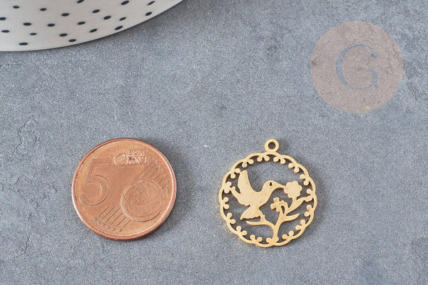 Pendentif rond oiseau colibri acier 201 inoxydable doré 22.5mm, x1 (G4836)