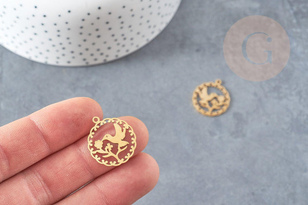 Pendentif rond oiseau colibri acier 201 inoxydable doré 22.5mm, x1 (G4836)