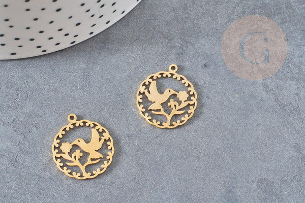 Pendentif rond oiseau colibri acier 201 inoxydable doré 22.5mm, x1 (G4836)