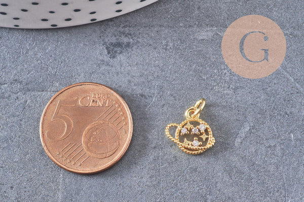 Pendentif rond planète et étoiles laiton doré 18K zircon, un pendentif doré avec cristaux pour création bijoux,10.5mm, x1 G5517