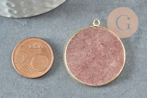 Pendentif rond quartz fraise, pendentif rose,quartz naturelle,32mm, x1 G3134