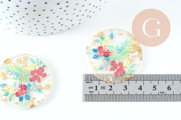 Pendentif rond résine fleur séchée 40mm, pendentif fleurs séchées coloré, création de bijoux originaux, x1 G5585