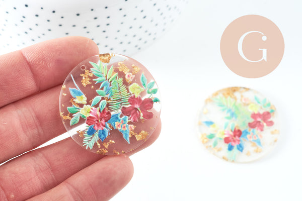 Pendentif rond résine fleur séchée 40mm, pendentif fleurs séchées coloré, création de bijoux originaux, x1 G5585