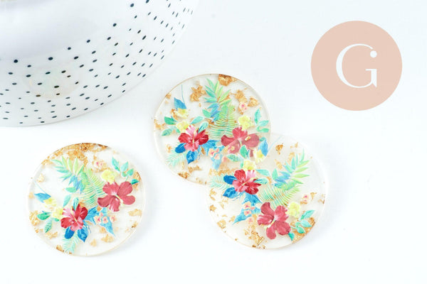 Pendentif rond résine fleur séchée 40mm, pendentif fleurs séchées coloré, création de bijoux originaux, x1 G5585