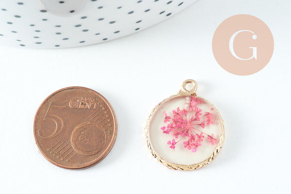 Pendentif rond résine fleurs séchées violettes 24mm, pendentif fleur de rose et or, création de bijoux originaux, x1 G5740