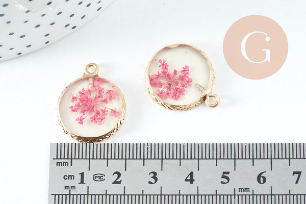 Pendentif rond résine fleurs séchées violettes 24mm, pendentif fleur de rose et or, création de bijoux originaux, x1 G5740
