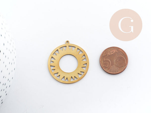 Pendentif rond soleil acier 201 inoxydable doré 33mm, création bijoux résistants x1 G6150