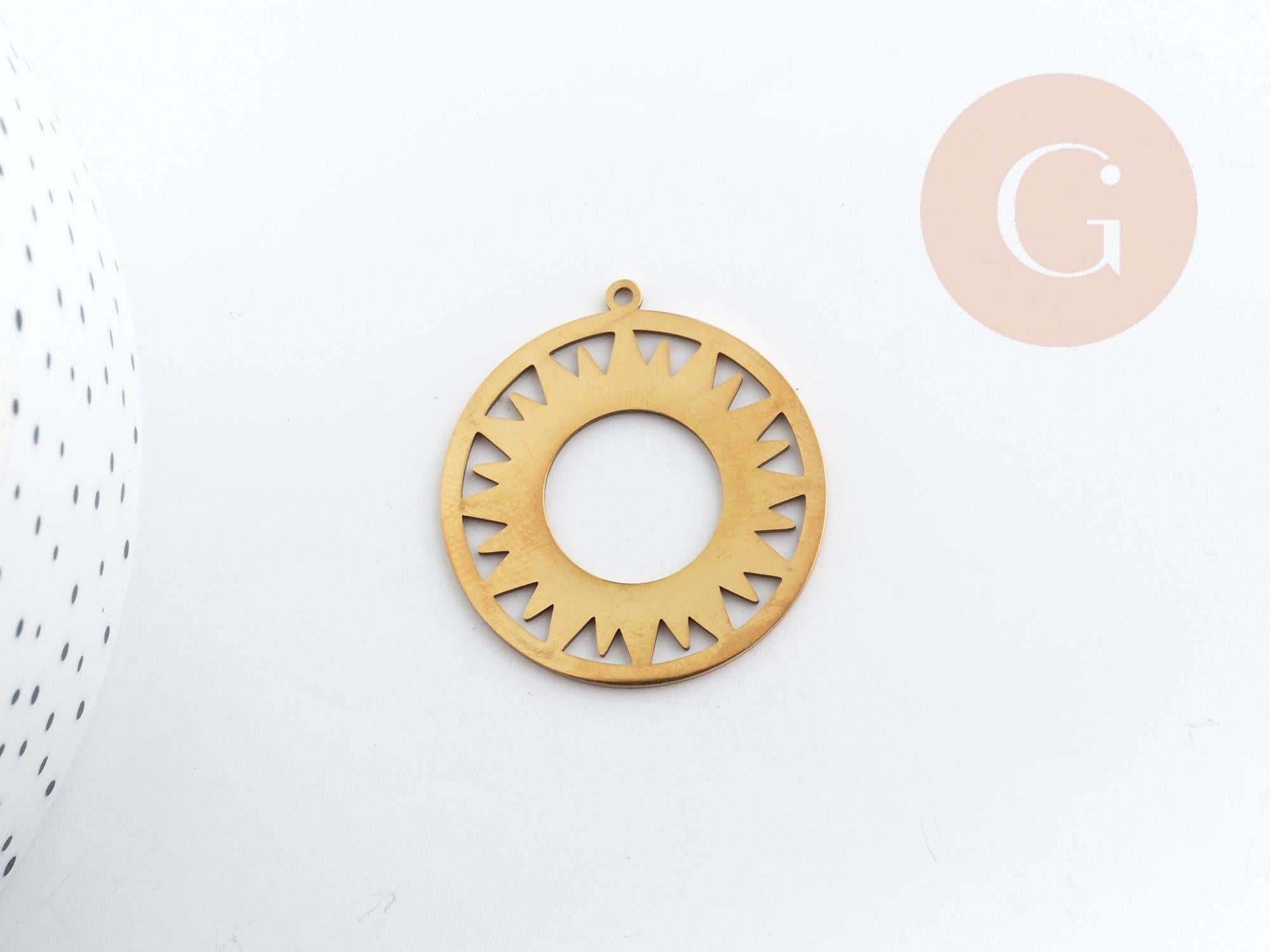 Pendentif rond soleil acier 201 inoxydable doré 33mm, création bijoux résistants x1 G6150