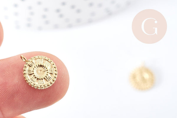 Pendentif rond soleil acier inoxydable 304 doré 14K IP 12.5mm, pendentif bijoux mystique chance, x1 G8774