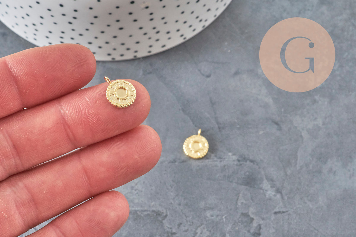 Pendentif rond soleil acier inoxydable 304 doré 14K IP 12.5mm, x1 (G8774)-Breloques et pendentifs-Gingerlily Perles