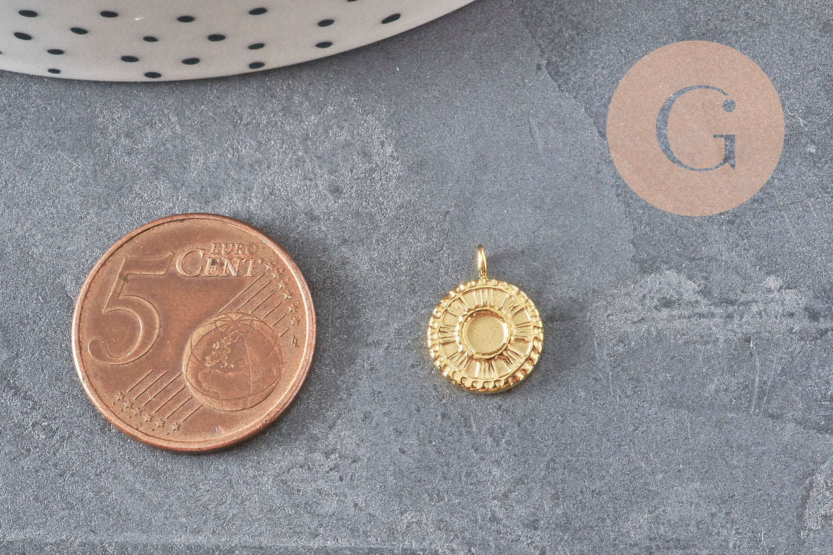 Pendentif rond soleil acier inoxydable 304 doré 14K IP 12.5mm, x1 (G8774)-Breloques et pendentifs-Gingerlily Perles