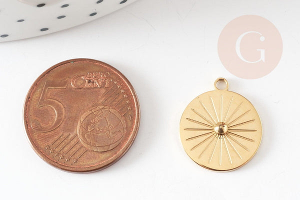Pendentif rond soleil acier inoxydable 304 doré 14K IP 17.5mm, pendentif bijoux chance, x1 G9272
