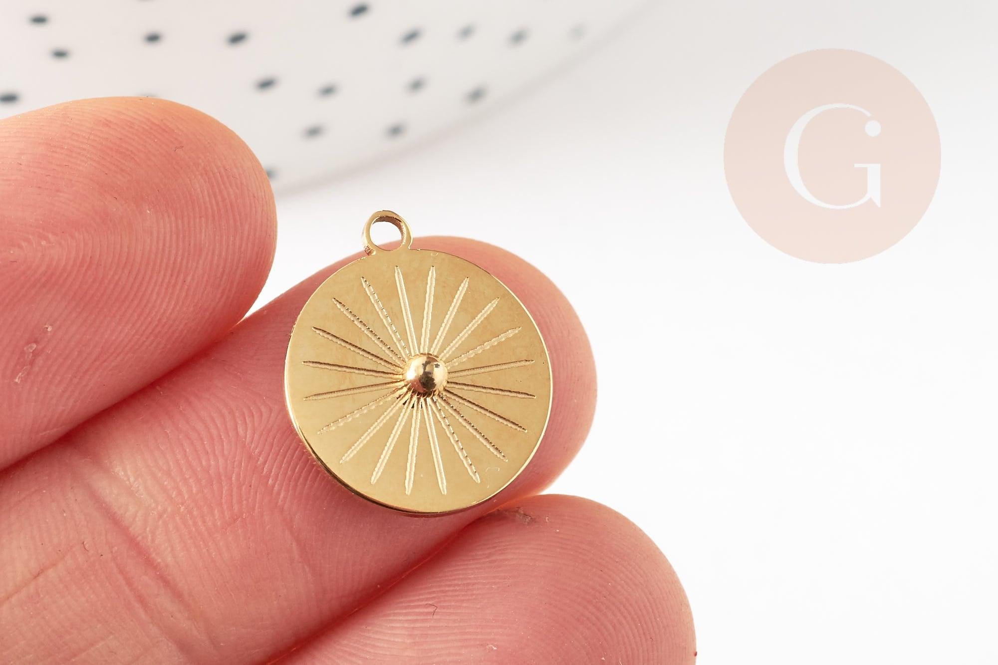 Pendentif rond soleil acier inoxydable 304 doré 14K IP 17.5mm, pendentif bijoux chance, x1 G9272