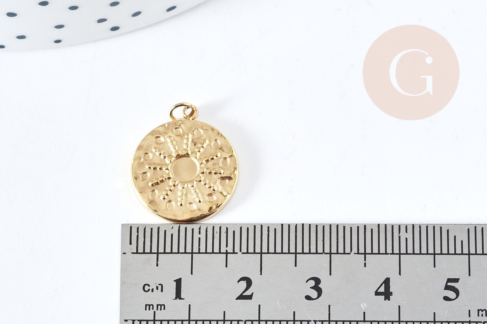 Pendentif rond soleil acier inoxydable 304 doré 14K IP 18.5mm, x1 (G8772)