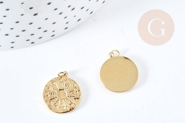 Pendentif rond soleil acier inoxydable 304 doré 14K IP 18.5mm, x1 (G8772)