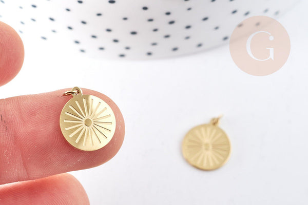 Pendentif rond soleil acier inoxydable 316L doré IP 14mm, x1 (G8741)