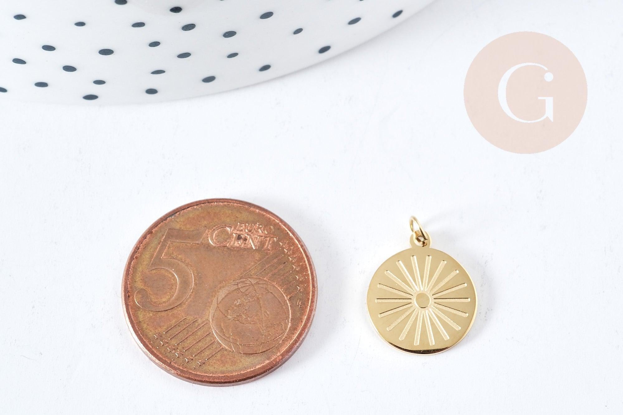 Pendentif rond soleil acier inoxydable 316L doré IP 14mm, x1 (G8741)
