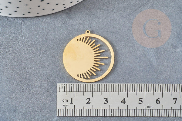 Pendentif rond soleil acier inoxydable doré 32mm, x1 (G6161)