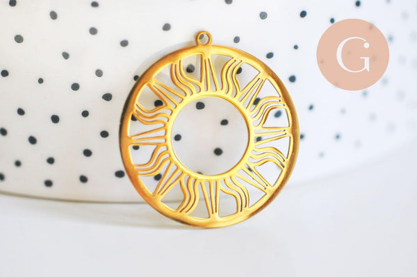 Pendentif rond soleil filigrane acier 201 inoxydable doré 33mm, pendentif sans nickel, x1 G6307