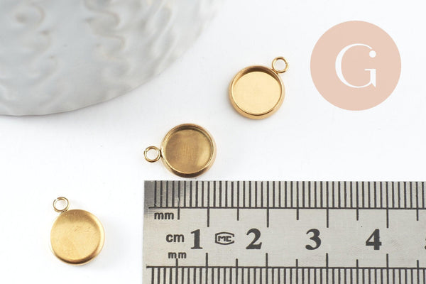Pendentif rond support cabochon acier 304 inoxydable doré ip 8mm, x2 (G4222)