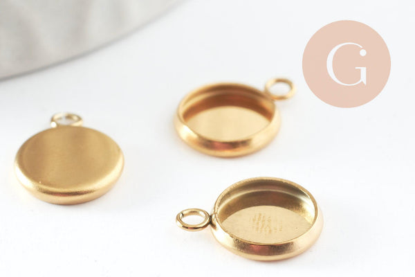 Pendentif rond support cabochon acier 304 inoxydable doré ip 8mm, x2 (G4222)