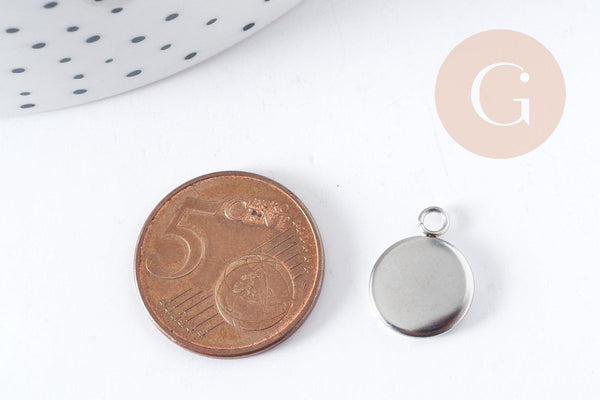 Pendentif rond support cabochon acier 304 inoxydable platine 15mm, x10 (G8940)