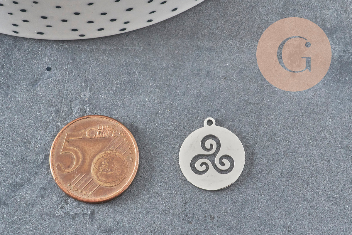 Pendentif rond triskel acier 201 inoxydable platine 17.5mm, x1 VALIDE-Breloques et pendentifs-Gingerlily Perles
