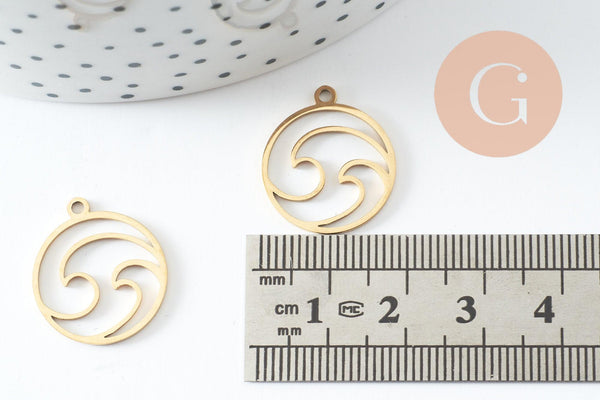 Pendentif rond vague acier 201 inoxydable doré 20mm, x1 (G9825)