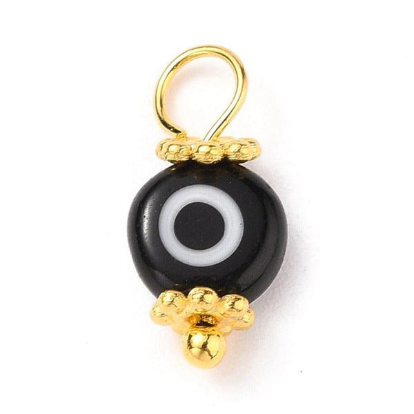 Pendentif rond verre oeil protecteur multicolore support zamac doré 9mm, x10 (G3934)