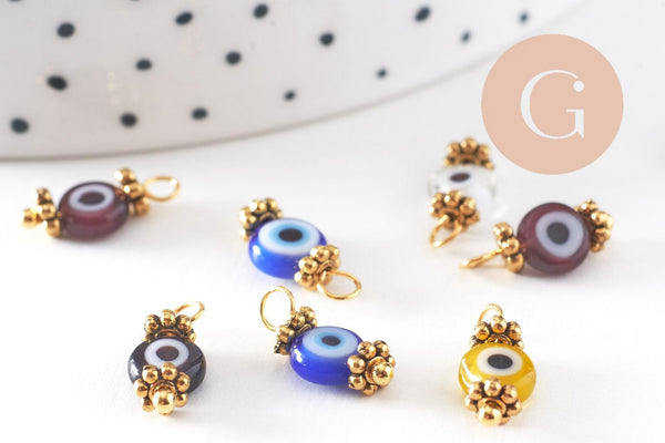 Pendentif rond verre oeil protecteur multicolore support zamac doré 9mm, x10 (G3934)